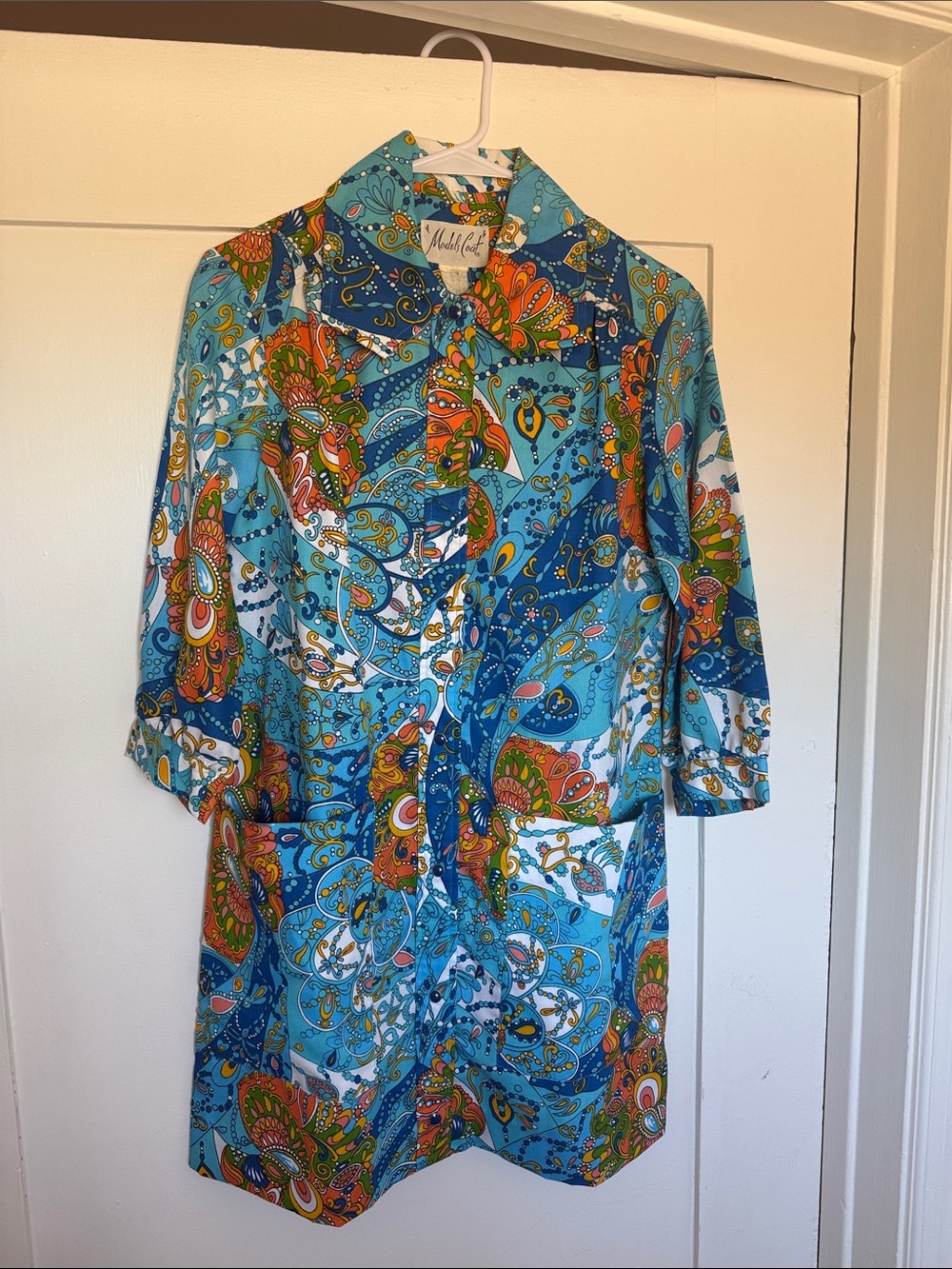 Vintage Blue Paisley Mini Dress with Orange & Green Accents